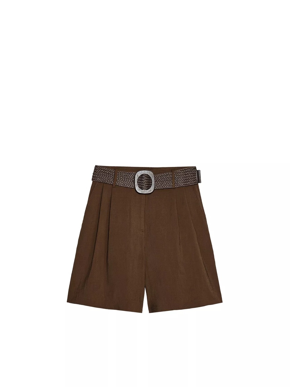 Zara Brown High-Waist Pleated Shorts with Woven Belt